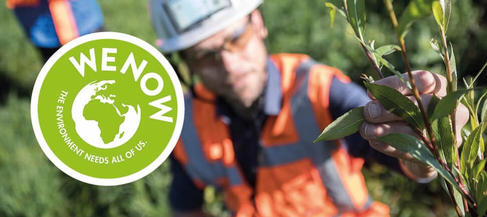 VINCI Environment Awards WE NOW logo on blurred background with high-vis person holding twig with leaves to camera