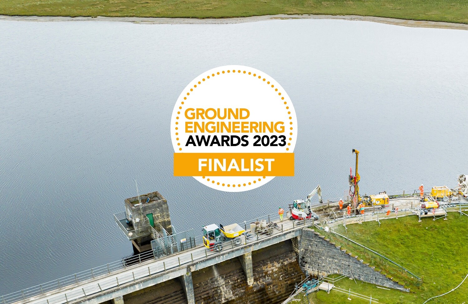 Insights – Ground Engineering Awards 2023 – Entries Shortlisted for Bachy Soletanche (graphic) Aled Isaf Reservoir Aerial Photo - Ground Engineering Awards 2023 Finalist Logo overlaid